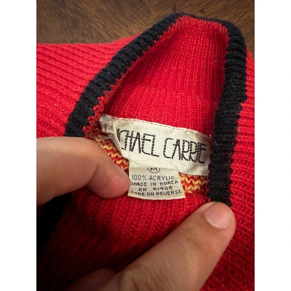 Vintage Michael Carrie Geometric Greek Key Knit Sweater Red Multi Color Mens M